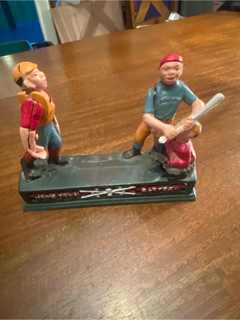 Vintage Cast Iron Home Town Battery Baseball Mechanical Coin Bank Working